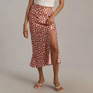 Anthropologie Maeve Mel Red Floral Satin Ruched Midi Skirt with Slit
